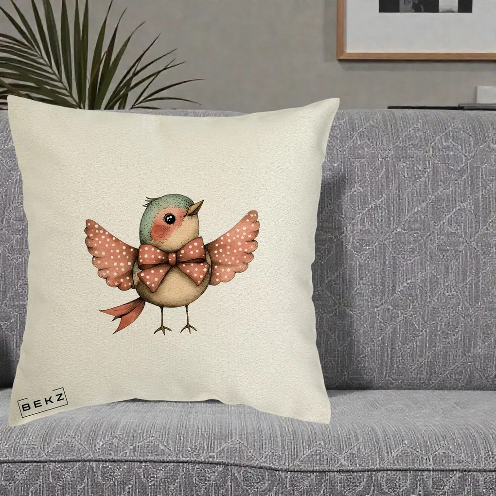 Perna Decorativa Pasare Roz cu Aripi si Fundita, 40x40 cm, Ecru, Husa Detasabila, Perna Inclusa, BEKZ®