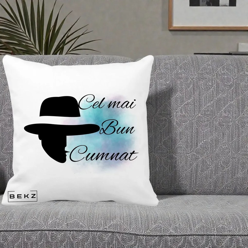 Cadou pentru Cumnat - Perna Personalizata Cel mai Bun Cumnat cu Silueta Palarie si Pete Teal-Roz, 40x40 cm, Alba Mata, Husa Detasabila, Perna Inclusa, BEKZ®