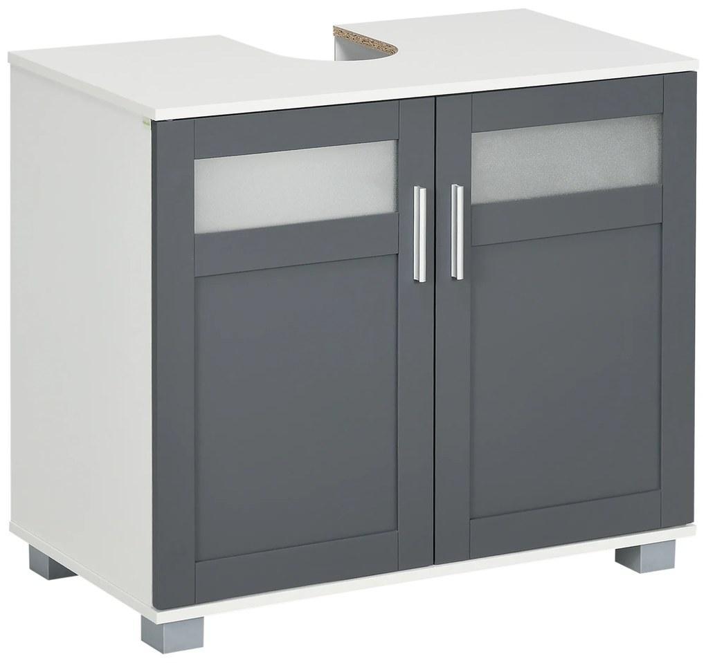 kleankin Dulap pentru sub lavoar Dulap de baie sub lavoar cu 2 uși din sticlă securizată 69x35x59 cm Alb și Gri | Aosom Romania