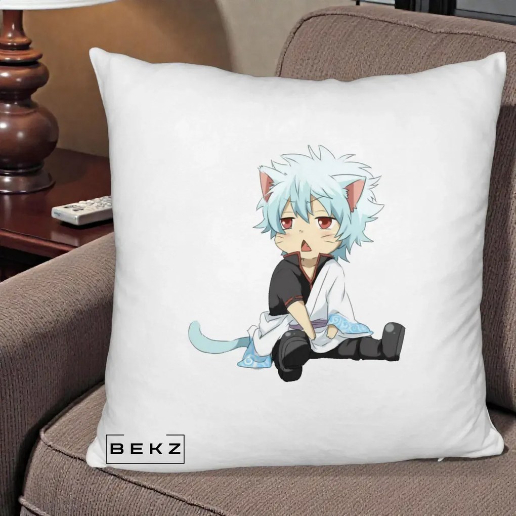 Perna Personalizata Gintama Gintoki Chibi Pisica, 40x40 cm, Alb Pufos, Husa Detasabila, Perna Inclusa, BEKZ®