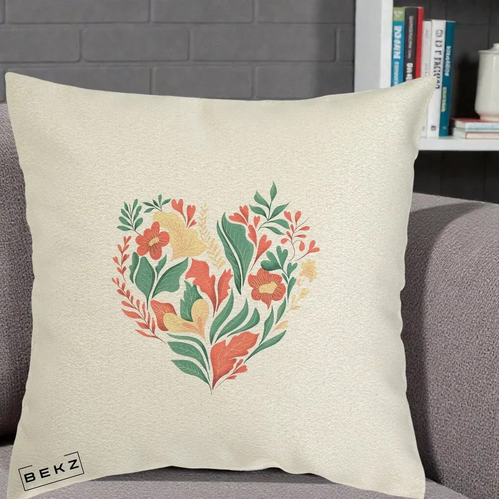 Perna Decorativa Inima Florala Botanica, 40x40 cm, Ecru, Husa Detasabila, Perna Inclusa, BEKZ®