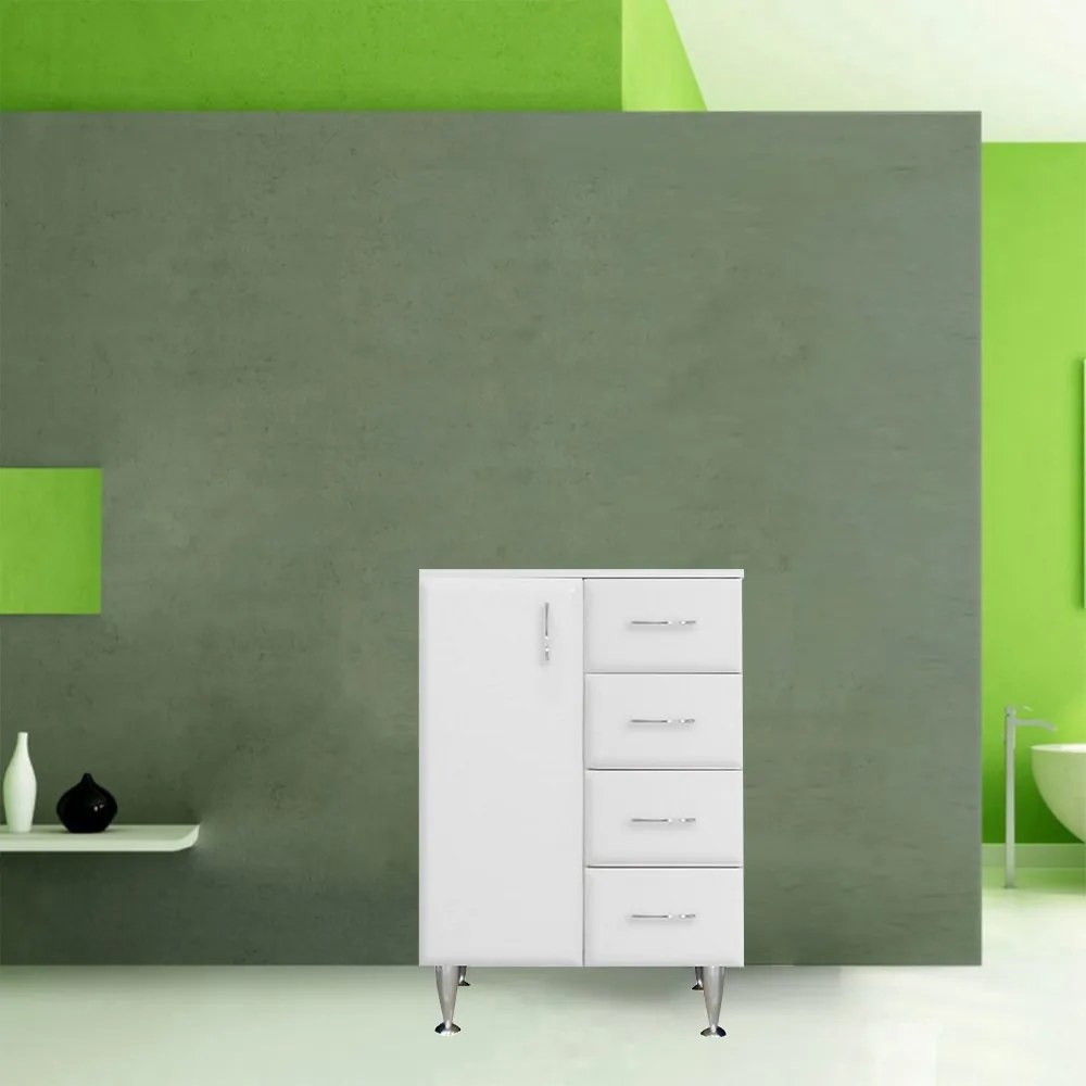 Dulap jos Bianca Plus 60 cu 1 ușă, 4 sertare, alb lucios, stânga