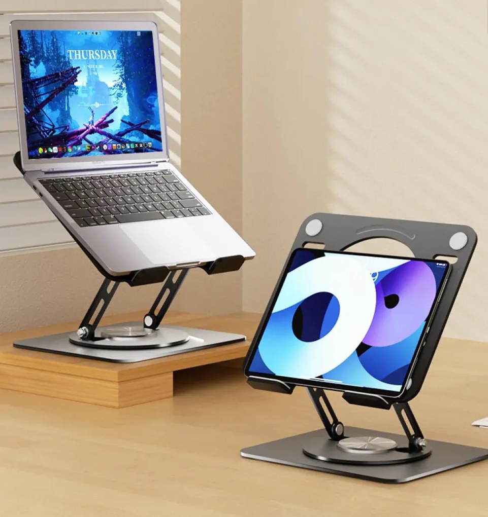 Suport Laptop Premium din Oțel Carbon, Reglabil, Rotativ 360°, Ergonomic, Negru