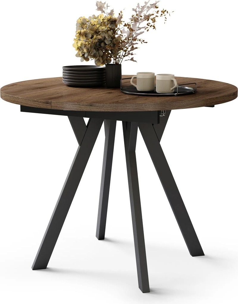 Mazzoni ALMO Nuc Elegant/picioare negre - MASĂ ROTUNDĂ EXTENSIBILĂ CU PICIOARE ÎN FORMĂ DE Y STIL LOFT PENTRU SALON/SUFRAGERIE