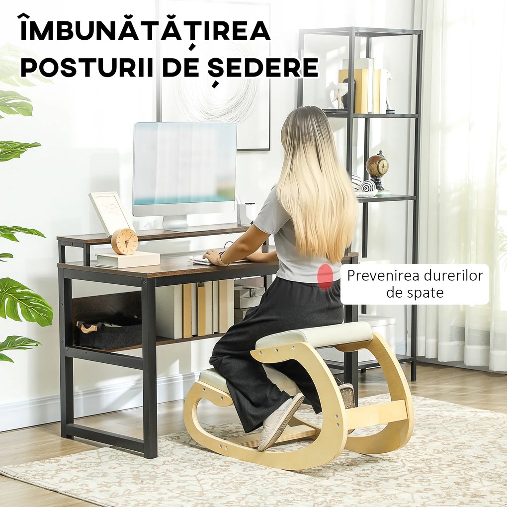 HOMCOM Scaun Ergonomic Postural din Material Textil, Scaun pentru Genunchi cu Mișcare de Legănare, 55x85x55 cm, Alb Crem | Aosom Romania
