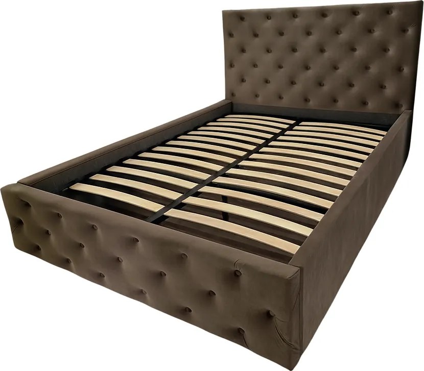 Pat tapitat Berlin cu somiera rabatabila si spatiu de depozitare, catifea maro , 140x200 cm 140 x 200, Maro