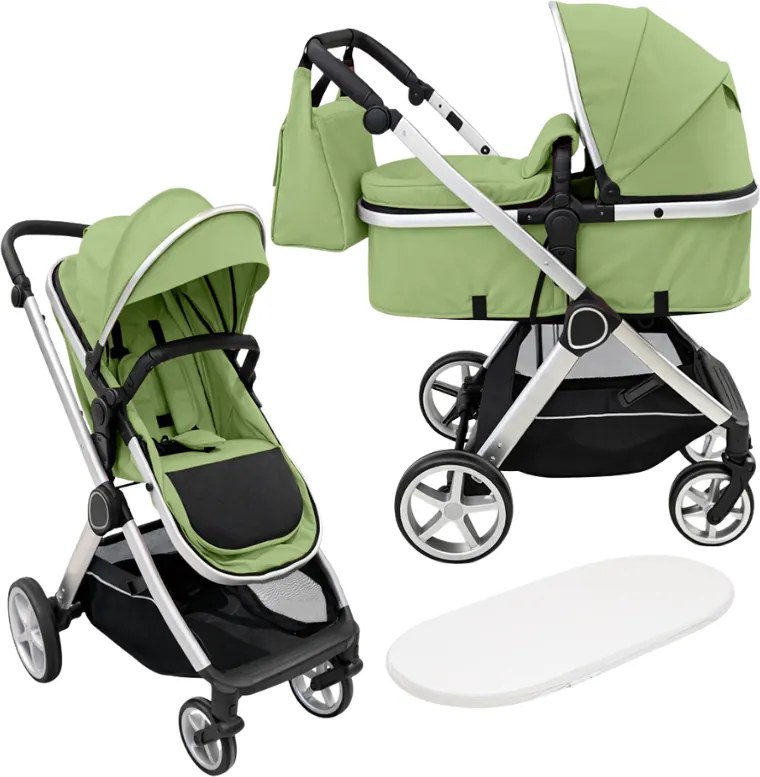 Carucior copii 2 in 1 Kidizi Moveo verde, landou transformabil in parte sport, cadru silver, de la nastere pana la 22 kg (0–4 ani), saltea si geanta incluse