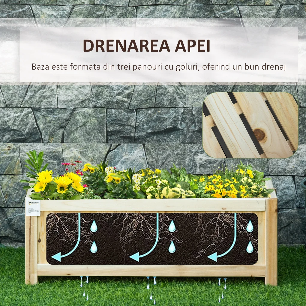 Outsunny Jardinieră Pliabilă Lemn pentru Exterior, Etanșă cu Bază Drenaj, 70x30x25 cm | Aosom Romania