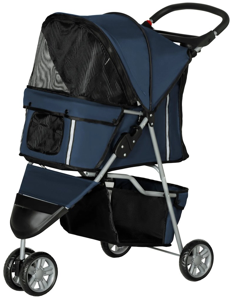 PawHut Cărucior pliabil pentru animale, chariot pliant câini pisici, portă pahar, 600D Oxford oțel, 75 x 45 x 97 cm bleu foncé | Aosom Romania