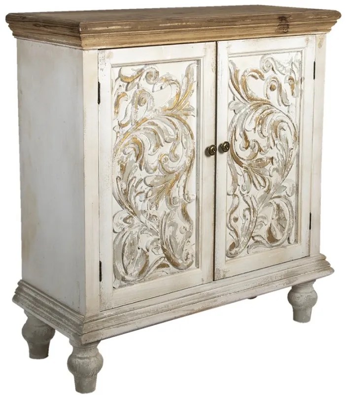 Comodă shabby chic din lemn, alb antichizat, cu detalii sculptate manual, „Fleur de Lys”