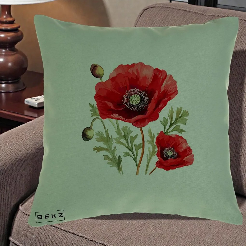 Perna Decorativa Maci Rosii Acuarela, 40x40 cm, Verde, Husa Detasabila, Perna Inclusa, BEKZ®