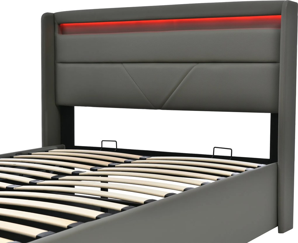 Pat dublu cu ladă de depozitare, cu LED și telecomandă, structură tapițată 140x200 cm, Gri