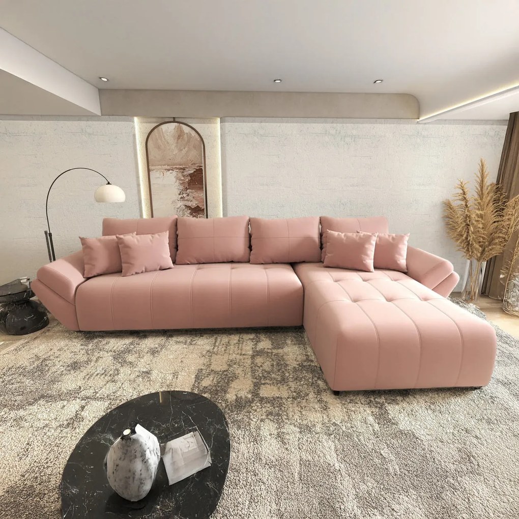 Colțar extensibil dumonde cu ladă de depozitare si sezut confortabil din spuma high-density, Berlin XL Royal Roz 350x185 cm II