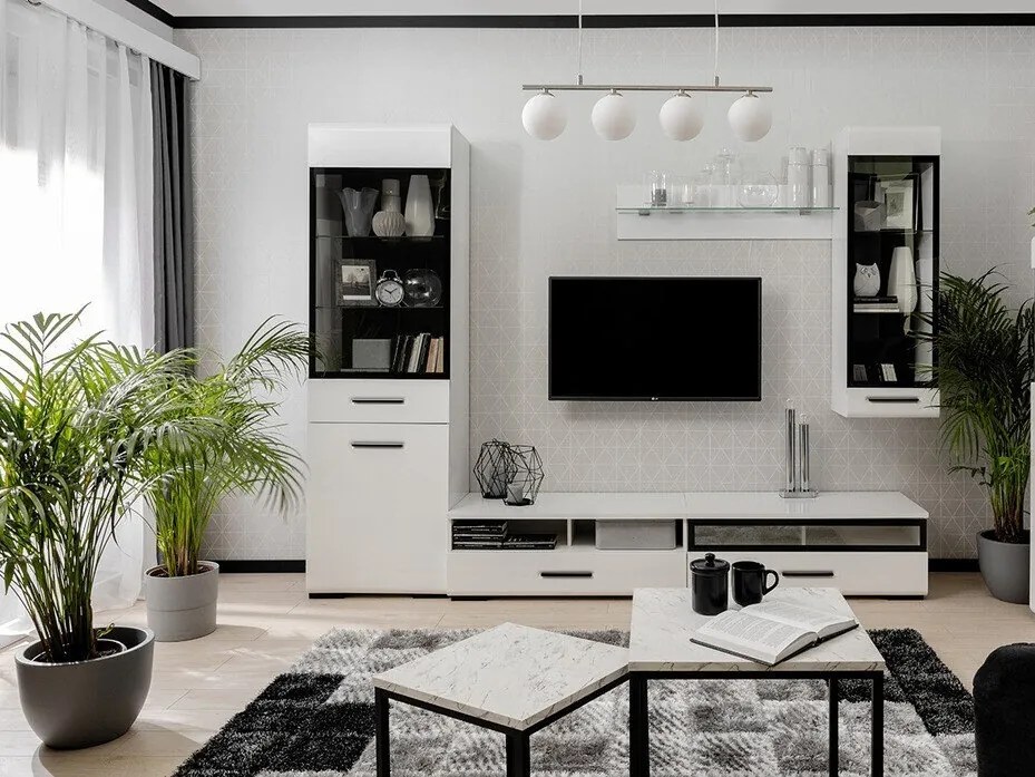 Mobilă pentru sufragerie Boston CA113 Alb lucios, Negru, Cu componente suplimentare, Piese individuale, Cu comodă tv, PAL laminat, Sticlă călită, 200x260x50cm