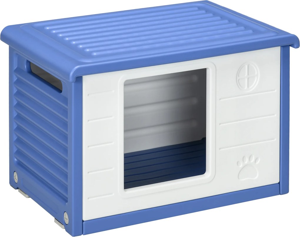 PawHut Cușcă Ridicată pentru Câini de Talie Mică cu Intrare și 2 Deschideri Laterale, Cușcă de Exterior Antiderapantă din Polietilenă, Ușor de Curățat, 60x42x40 cm, Albastru și Alb | Aosom Romania