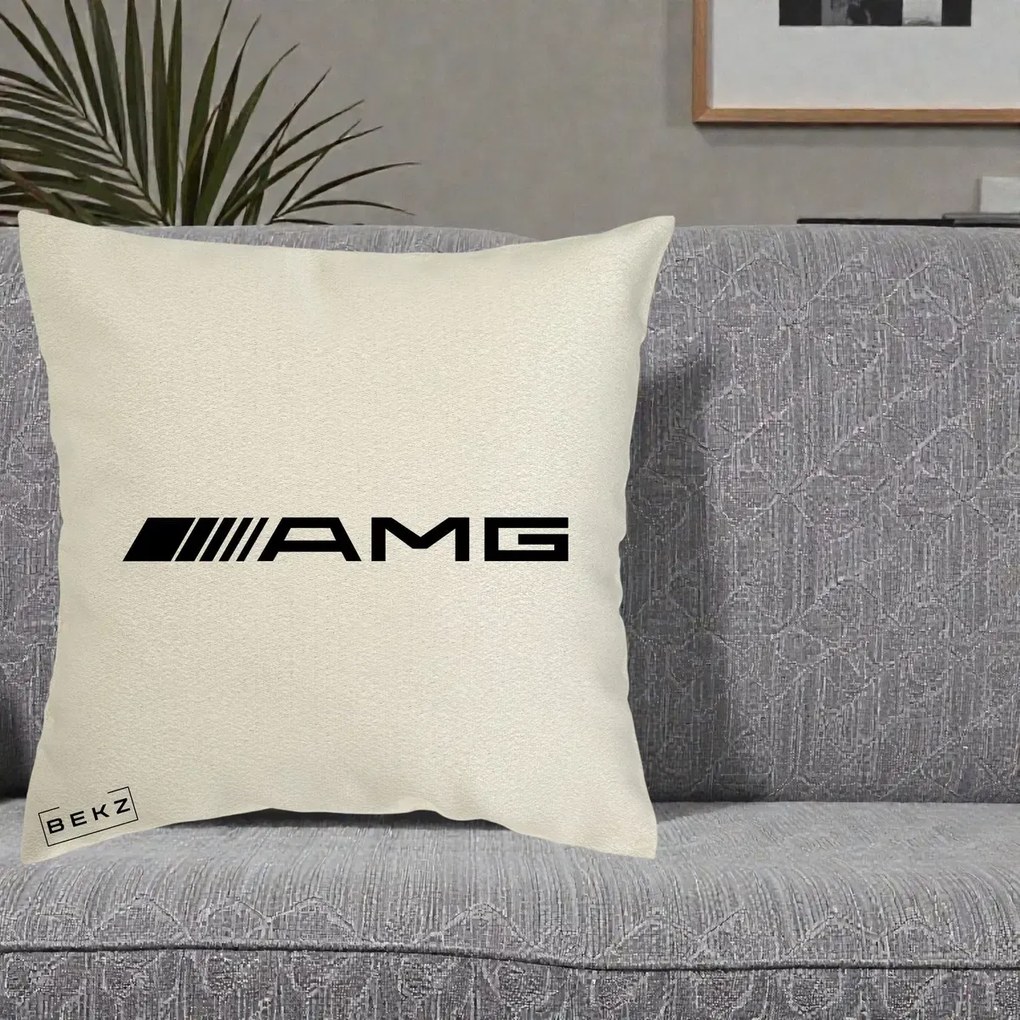 Perna Personalizata cu emblema Mercedes-AMG, 40x40 cm, Ecru, Husa Detasabila, Perna Inclusa, BEKZ®