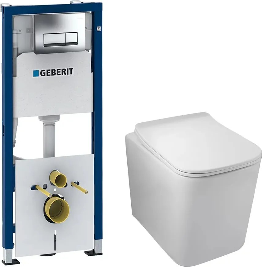 Pachet vas wc suspendat rimless Balneo Luga, capac softclose, rezervor incastrat si clapeta Geberit Dufix Delta crom