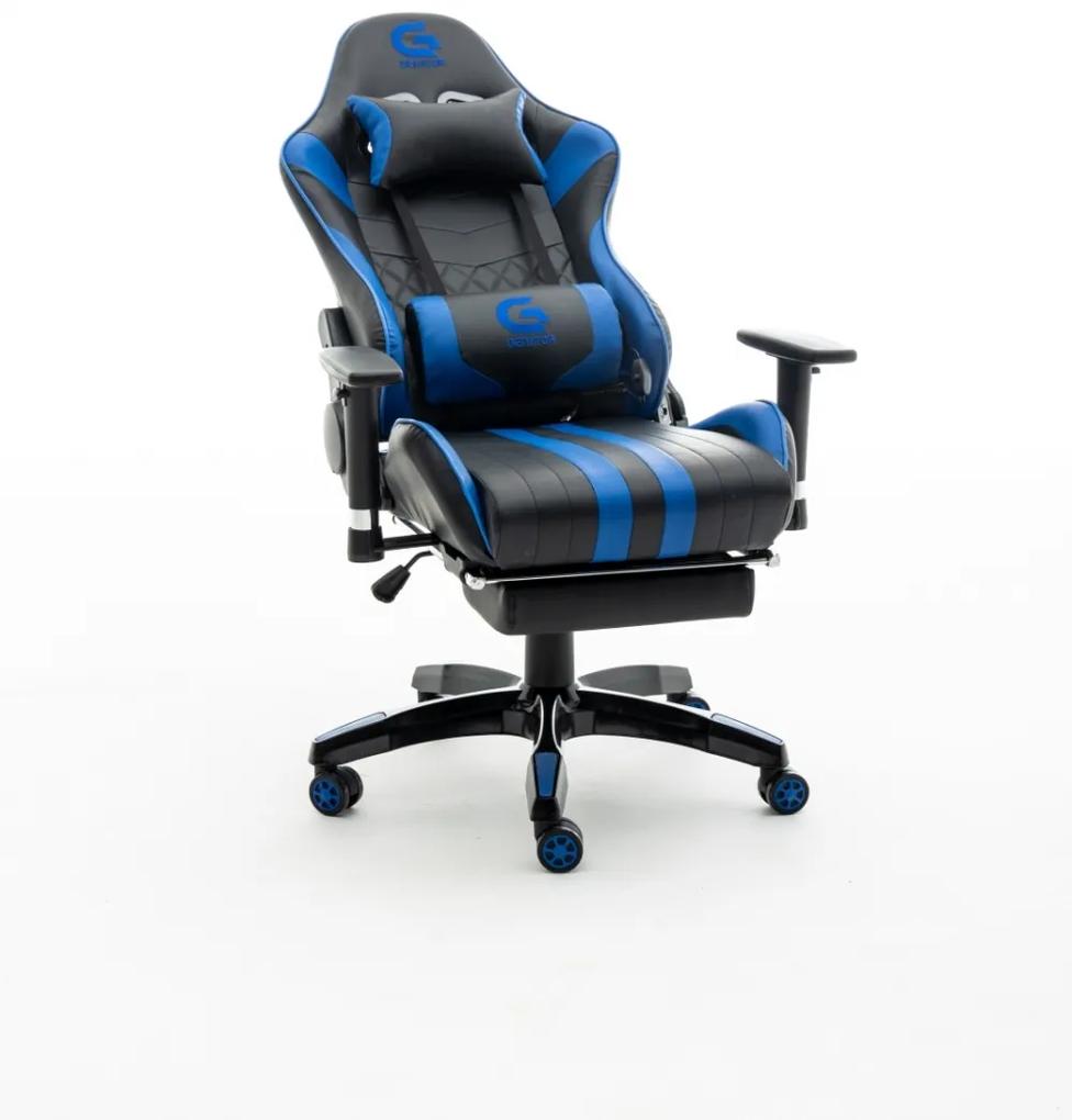 Scaun gaming King size cu masaj in perna lombară, funcție șezlong, suport picioare, Negru/Albastru