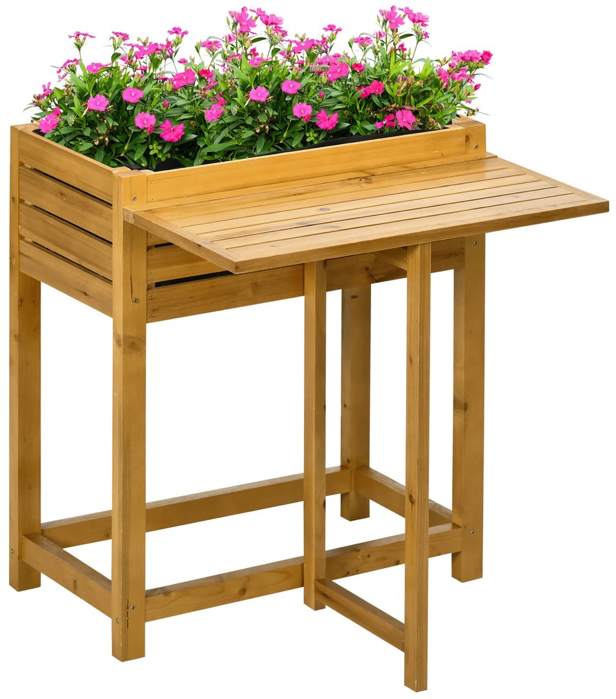 Outsunny Pat de legume cu masa de lucru pliabila, lemn masiv lacuit, captuseala interioara din material netesut, 64cm x 63cm x 74.5cm | Aosom Romania