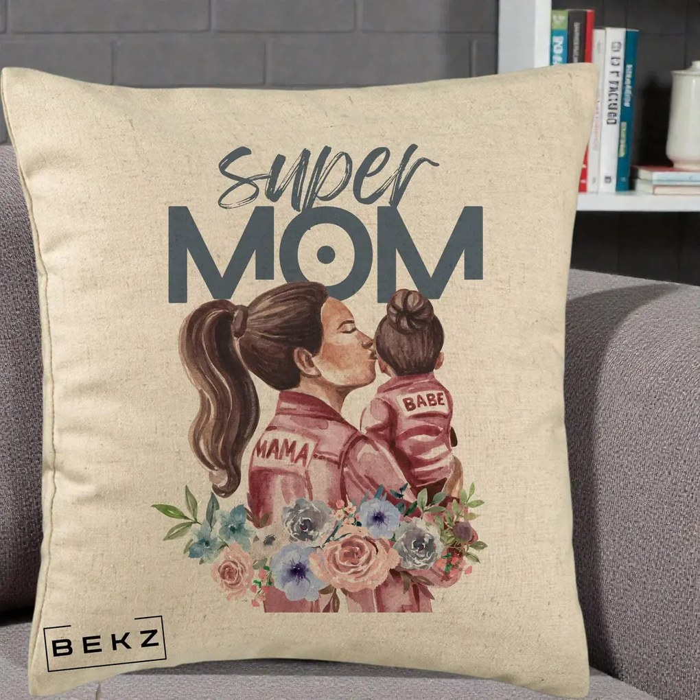 Cadou pentru Mama - Perna Personalizata Super Mom Mama cu Bebelusul, 40x40 cm, Bej, Husa Detasabila, Perna Inclusa, BEKZ®