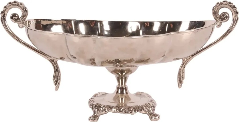 Bol de servire oval din alamă lucrată manual, argintiu, pe picior, cu două mânere, fructieră și centru de masă, 15 x 34 x 16 cm, „Sheffield”