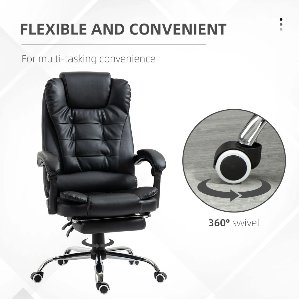 HOMCOM Scaun Birou din Piele Artificială Neagră Înălțime Reglabilă Spătar Rabatabil 64.5x69x127cm | Aosom Romania