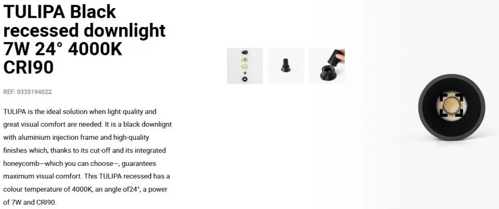 Spot LED incastrabil TULIPA Black recessed downlight 7W 24° 4000K CRI90