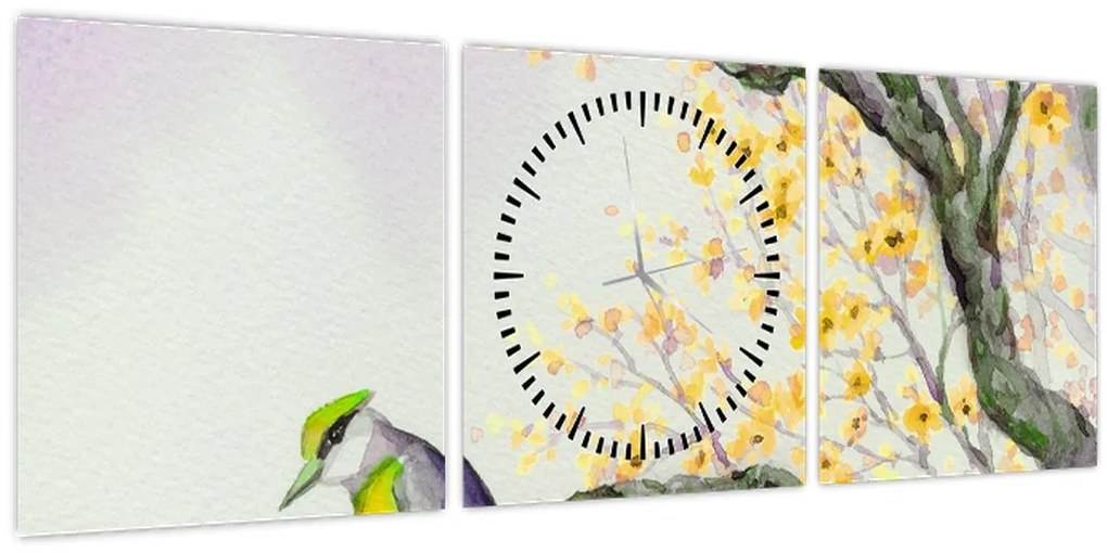 Tablou - Pasăre în copac,acuarelă (cu ceas) (90x30 cm)