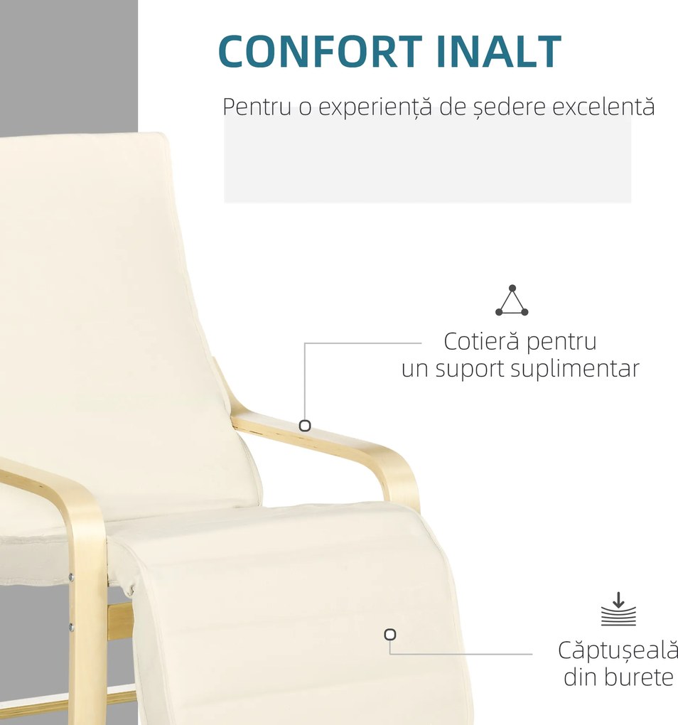 HOMCOM Fotoliu Relax cu Suport pentru Picioare Reglabil în 5 Nivele și Tetieră, 66,5x94x100 cm, Crem | Aosom Romania