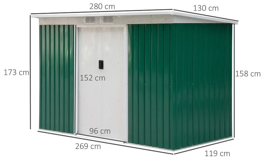 Outsunny Magazie de Grădină pentru Unelte, cu Uși Glisante și Ventilație, 277x130x173 cm, Verde | Aosom Romania
