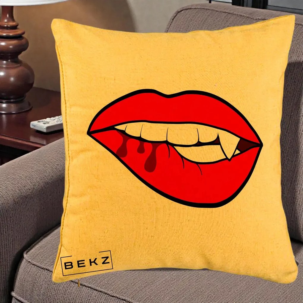 Perna Decorativa Vampire Lips Halloween, 40x40 cm, Galben, Husa Detasabila, Perna Inclusa, BEKZ®
