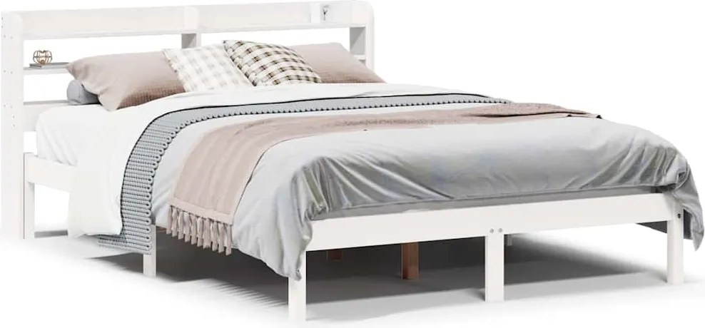 vidaXL Cadru de pat fără saltea, alb, 135x190 cm, lemn masiv de pin