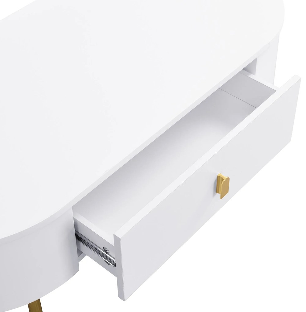 Masă de cafea cu 2 sertare, colțuri rotunjite, mânere și picioare aurii, 108x50x40 cm, Alb