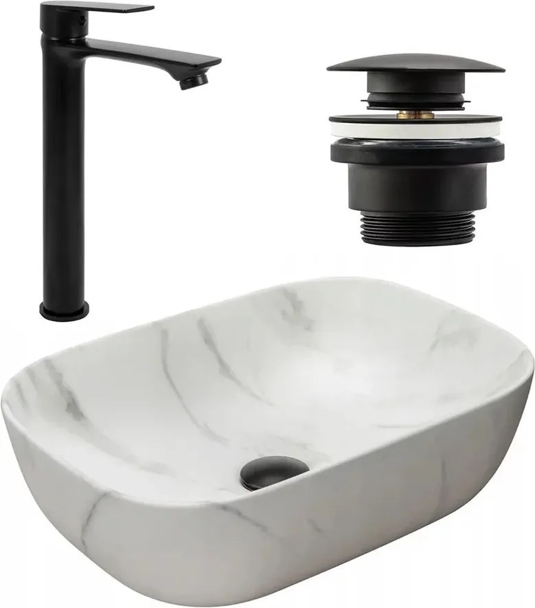 Set lavoar pe blat Rea Belinda alb marmura + baterie Mayson + ventil Click-Clack universal