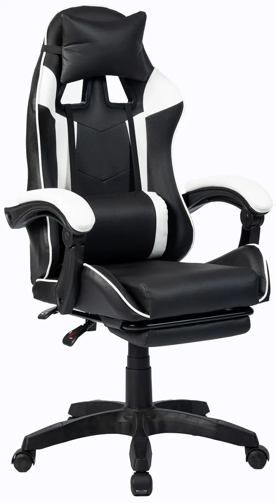 Scaun gaming, masaj în perna lombară, suport picioare, PU, Negru/Alb