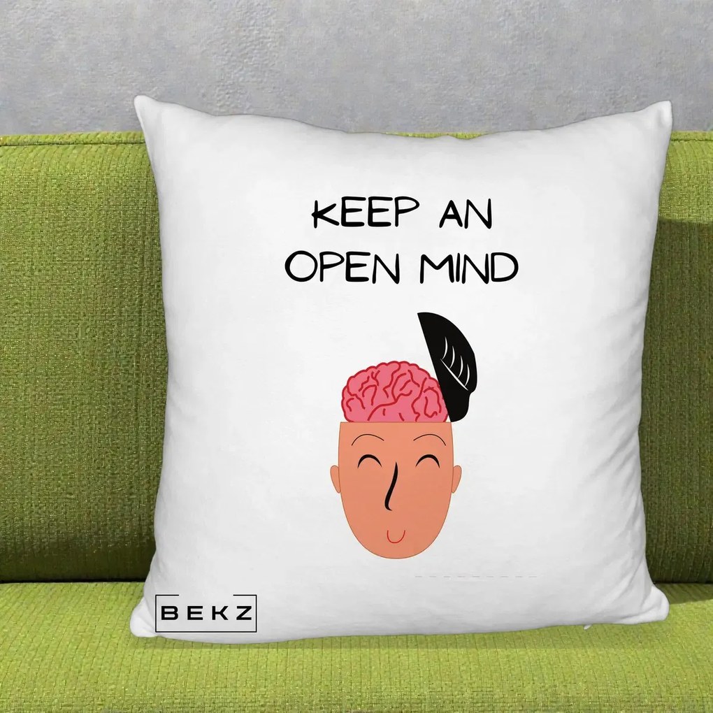 Perna Decorativa Keep An Open Mind, 40x40 cm, Alb Pufos, Husa Detasabila, Perna Inclusa, BEKZ®