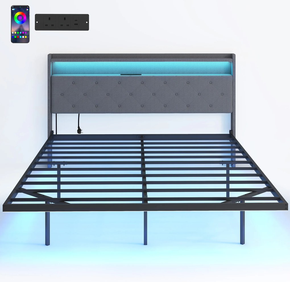 HOMCOM Cadru de pat 160 x 200 cm cu somieră din oțel, pat dublu plutitor cu lumini LED RGB și stație de încărcare, gri | Aosom Romania