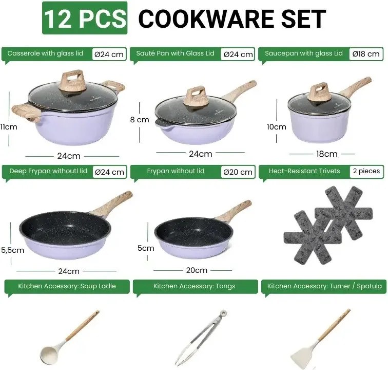 Set de oale si tigai Just Perfecto JL-34, 13 piese, Aluminiu, Acoperire din marmura, Capace din sticla cu orificiu pentru abur, Fara PTFE si PFOA, Inductie, Violet/bej