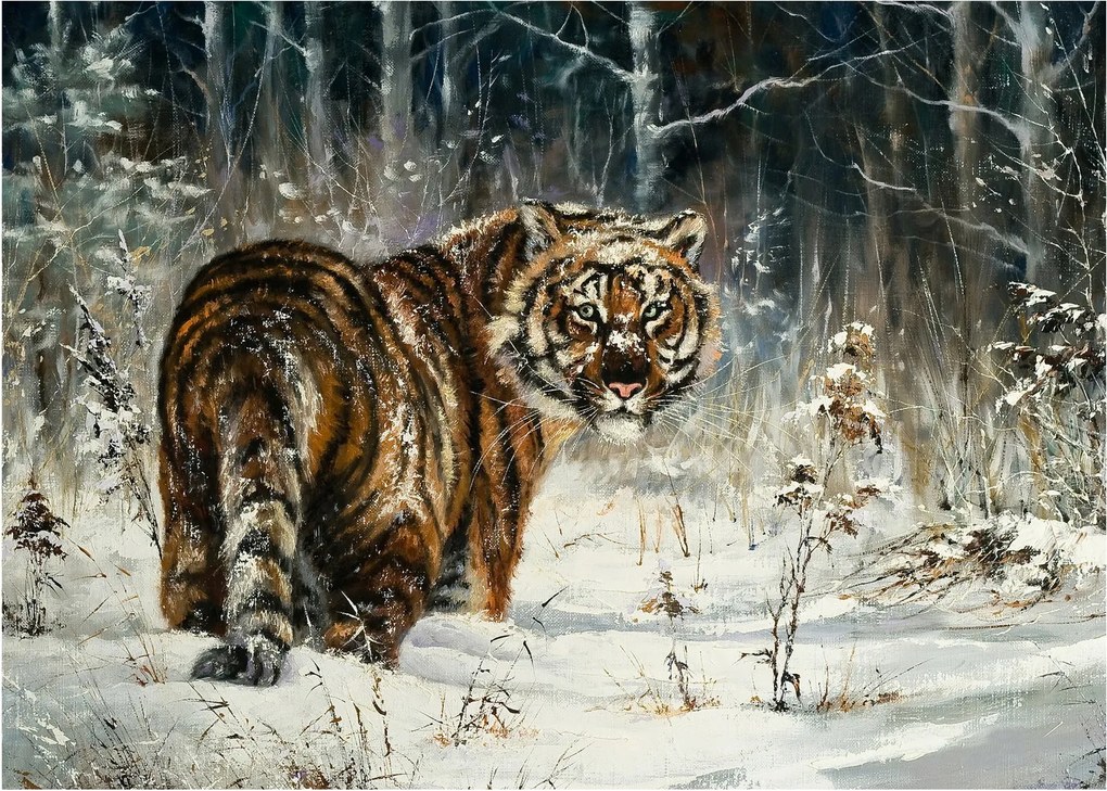 Tablou - Tigru într-o pădure înzăpezită, pictură în ulei (70x50 cm)