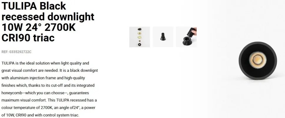 Spot LED incastrabil TULIPA Black recessed downlight 10W 24° 2700K CRI90 triac