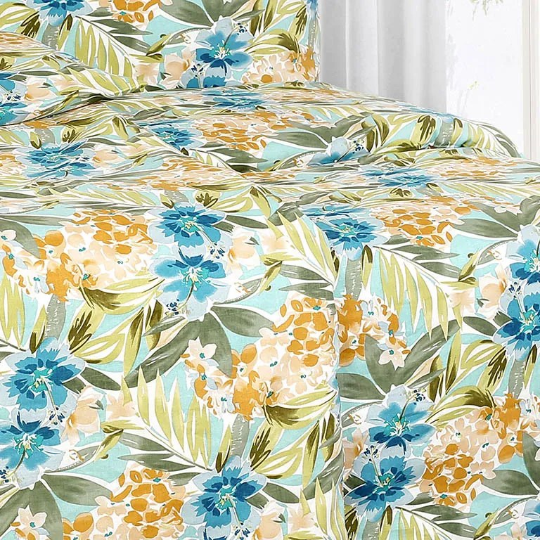 Goldea lenjerie de pat exclusivă din in - flori albastre hawaii 140 x 200 și 70 x 90 cm