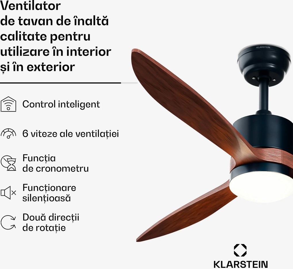 Klarstein SkyBreeze Smart ventilator de tavan, Utilizare interioară și exterioară, Control inteligent, IP44, 40 dB