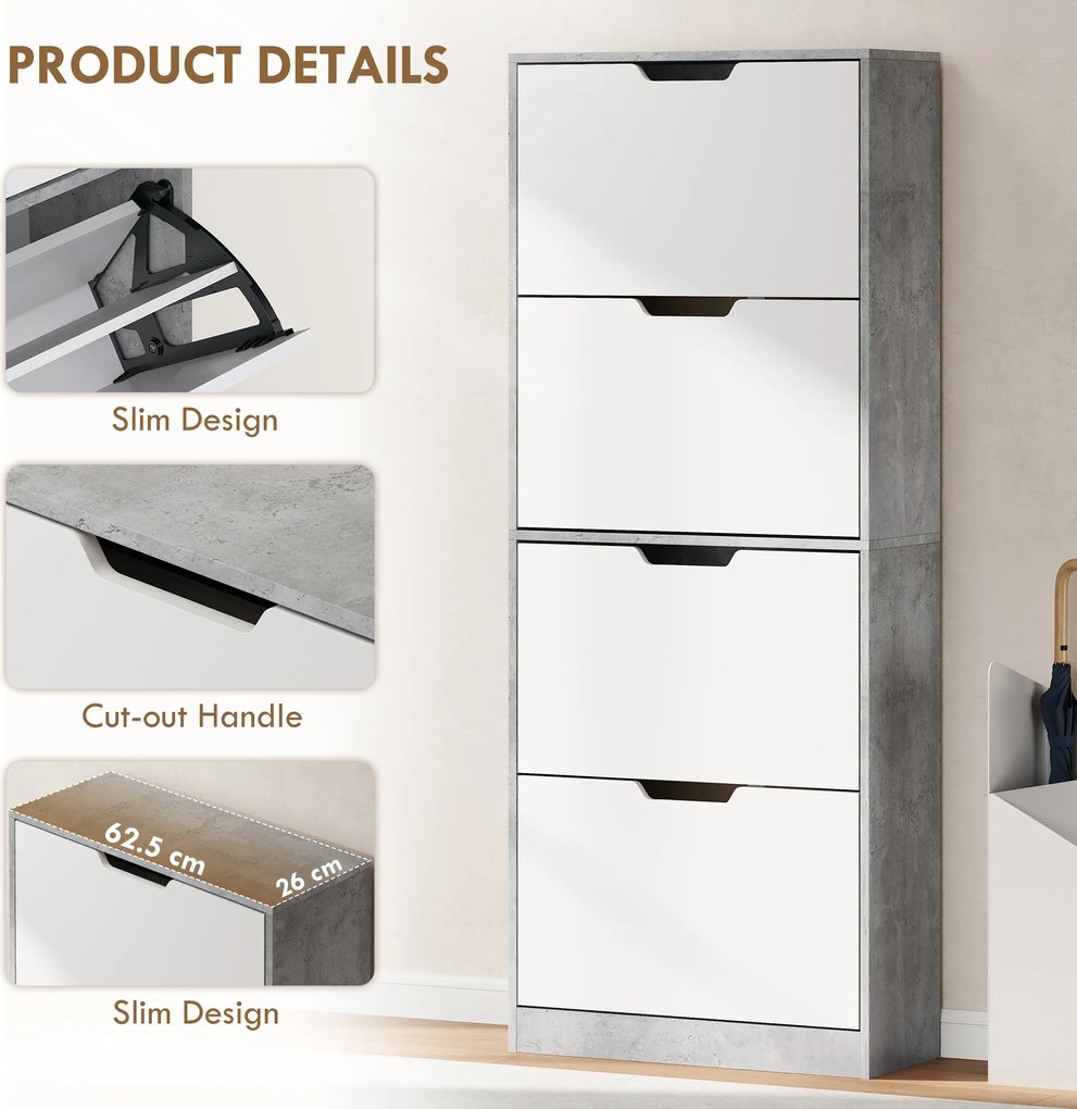 HOMCOM Scarpieră Economisitoare de Spațiu Modernă cu 4 Ante pentru 16 Perechi de Pantofi, 62.5x26x156 cm, Gri Ciment | Aosom Romania