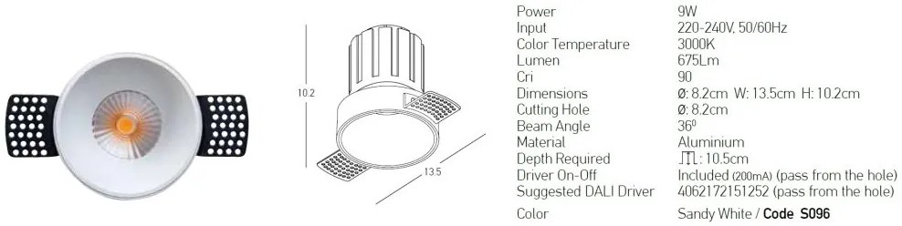 Spot LED incastrabil Trimless alb 9W 3000K