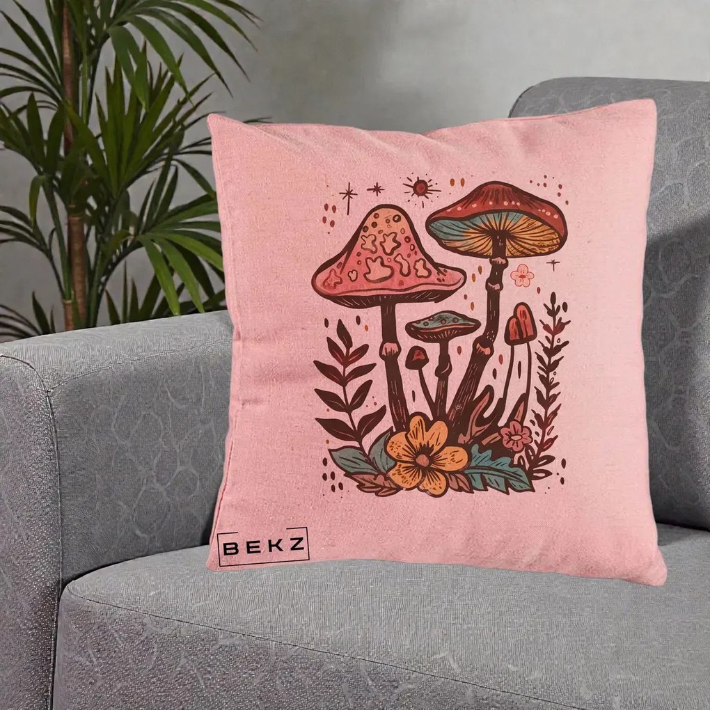 Perna decorativa Ciuperci Boho Multicolore, 40x40 cm cu Umplutura, Roz, BEKZ