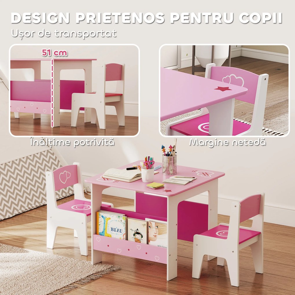 AIYAPLAY Set de masă cu 2 scaune pentru copii 3-8 ani, cu raft în lemn MDF cu motive de inimi, Roz | Aosom Romania