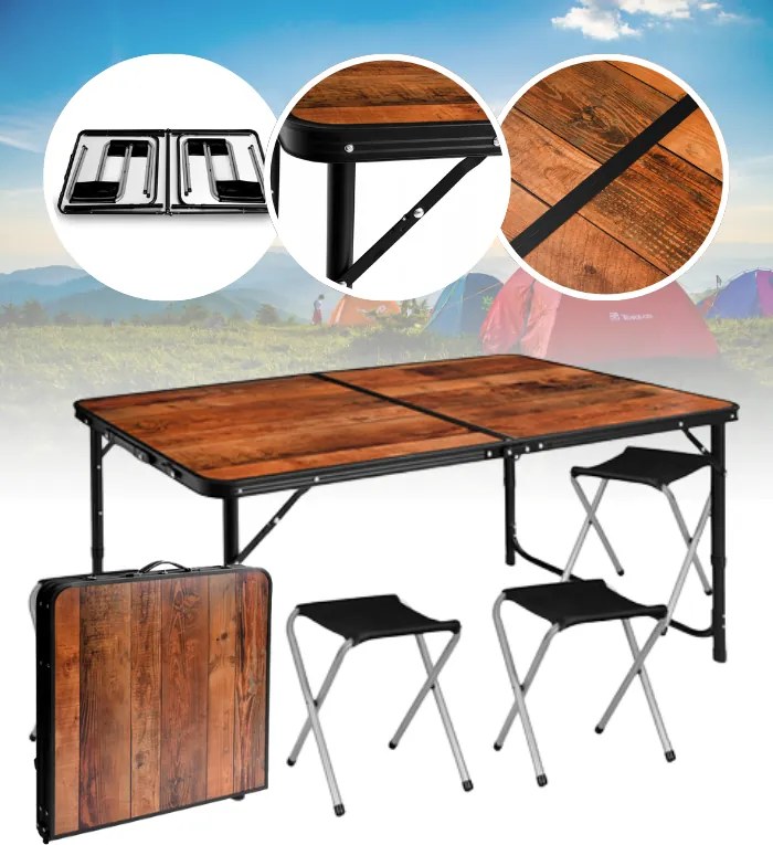 Masă de camping pliabilă cu scaune - set pentru drumeții pentru 4 persoane Maro