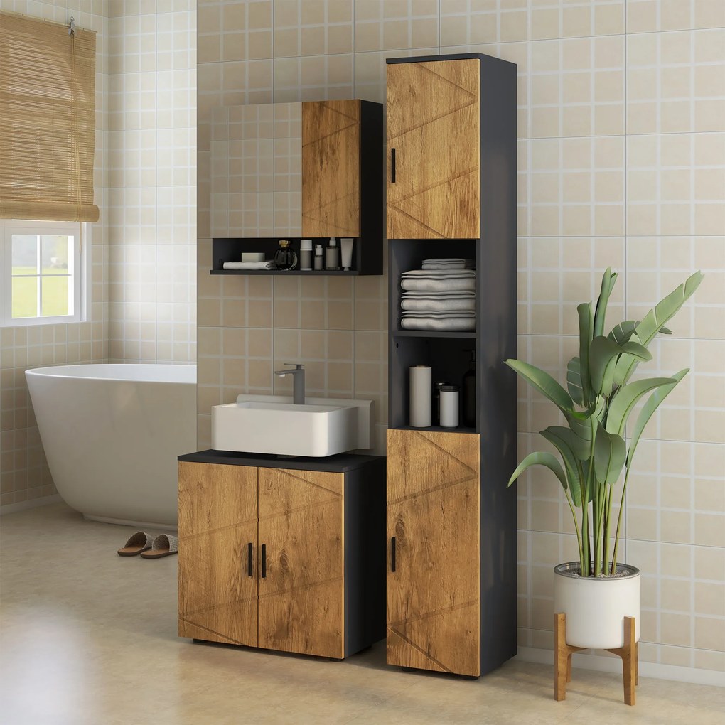 kleankin Mobilier sub vas lavabo mobilier de baie 2 usi cu raft 60 x 30 x 60 cm antracit si aspect lemn | Aosom Romania