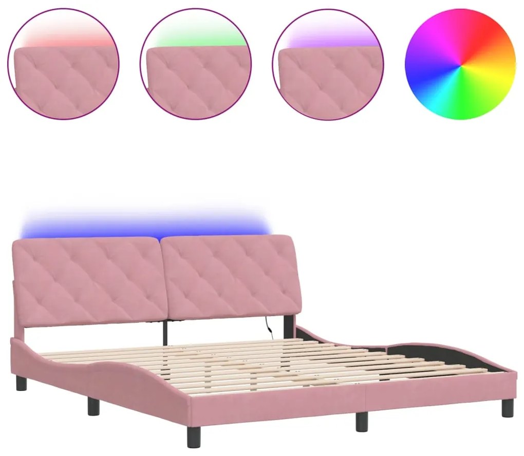 3213872 vidaXL Cadru de pat cu lumini LED, roz, 180x200 cm, catifea