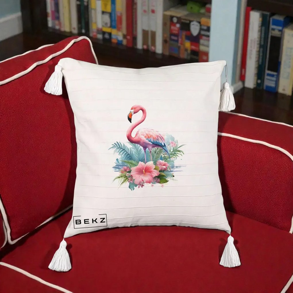 Perna Decorativa Raton in Halat Roz, 40x40 cm, Bej cu Franjuri, Husa Detasabila, Perna Inclusa, BEKZ®